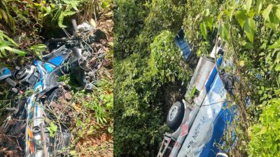 Diduga Tabrak Sepeda Motor Mobil Tangki Minyak Milik PT Alden Pratama Putra Masuk Jurang