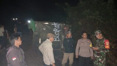 Di Rimbo Pengadang, Sebuah Truk yang Membawa Muatan Sawit Seberat 10 Ton Terbalik