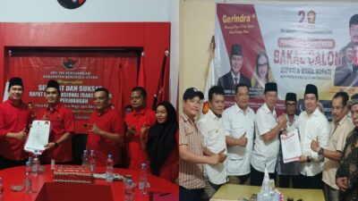 Meski Diguyur Hujan Tak Melunturkan Niat Arie Septia Adinata Mengantarkan Berkas Pencalonan Dirinya ke DPC PDI-P dan Gerindra