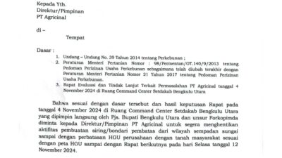 Pj Bupati Bengkulu Utara Perintahkan Penghentian Sementara Aktivitas PT Agricinal